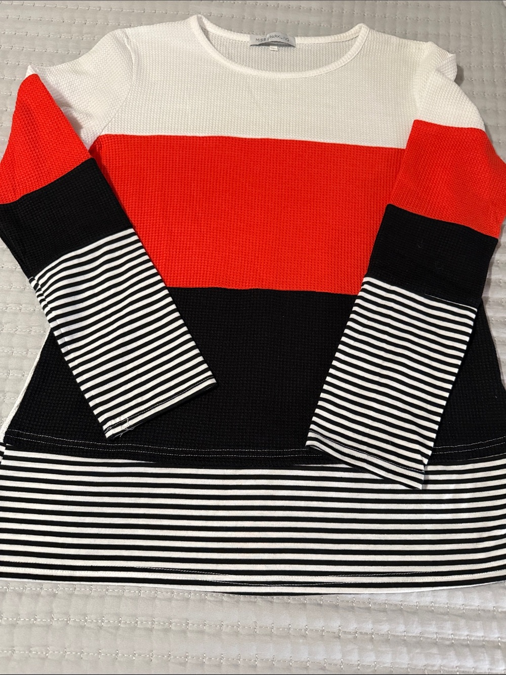 Miss Sparkling Colorblock Striped Crewneck Sweater - Red, Black & White size M